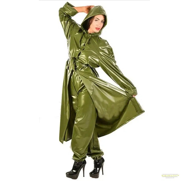 Maramalive™ Natural Rubber Latex Men Women Army Green Long Windbreaker Wind Coat Pants with Cap Outer Garment Handmade Costumes S-LSW037