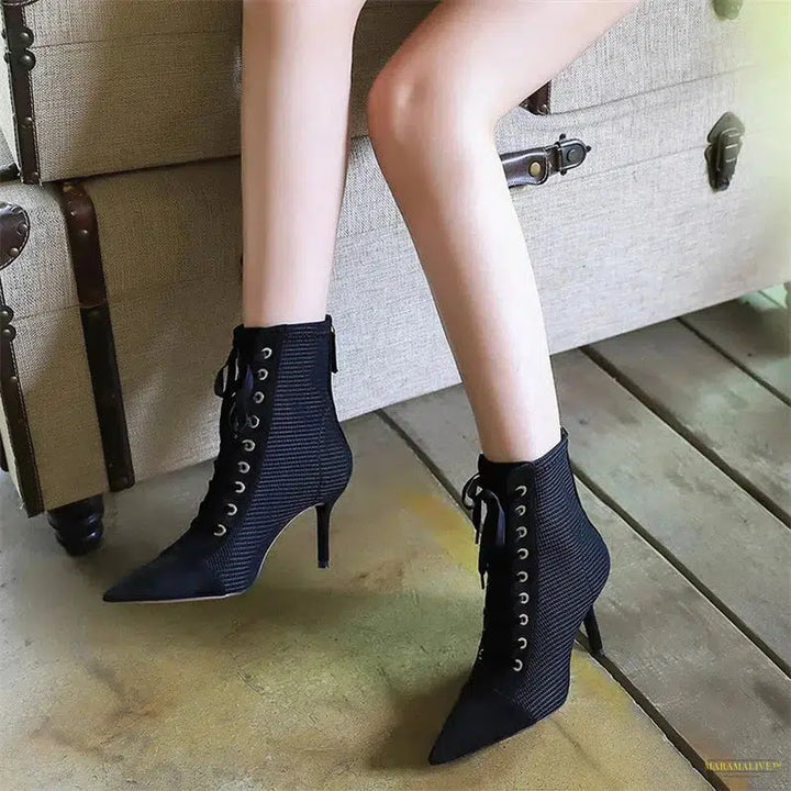 Maramalive™ New Fashion Punk Women Ankle Boots Cross Straps Lace Up Pointed Toe High Heel Winter Black Chelsea Pumps Suede Short Boots