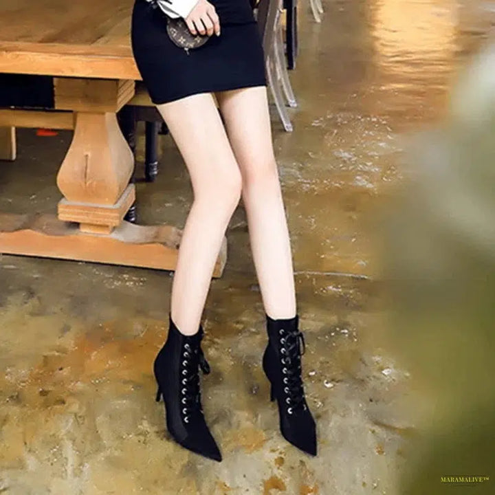 Maramalive™ New Fashion Punk Women Ankle Boots Cross Straps Lace Up Pointed Toe High Heel Winter Black Chelsea Pumps Suede Short Boots