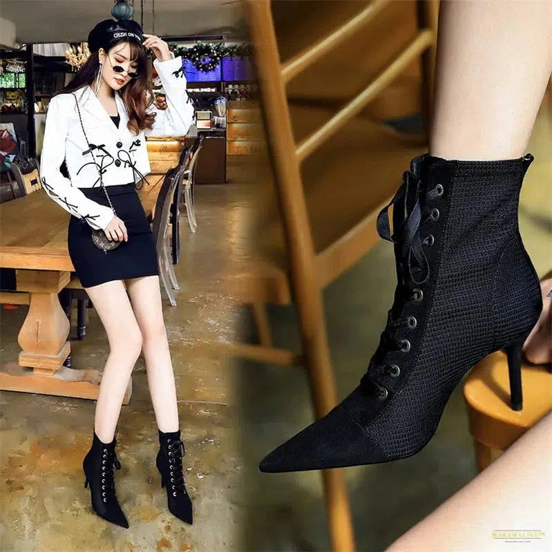 Maramalive™ New Fashion Punk Women Ankle Boots Cross Straps Lace Up Pointed Toe High Heel Winter Black Chelsea Pumps Suede Short Boots