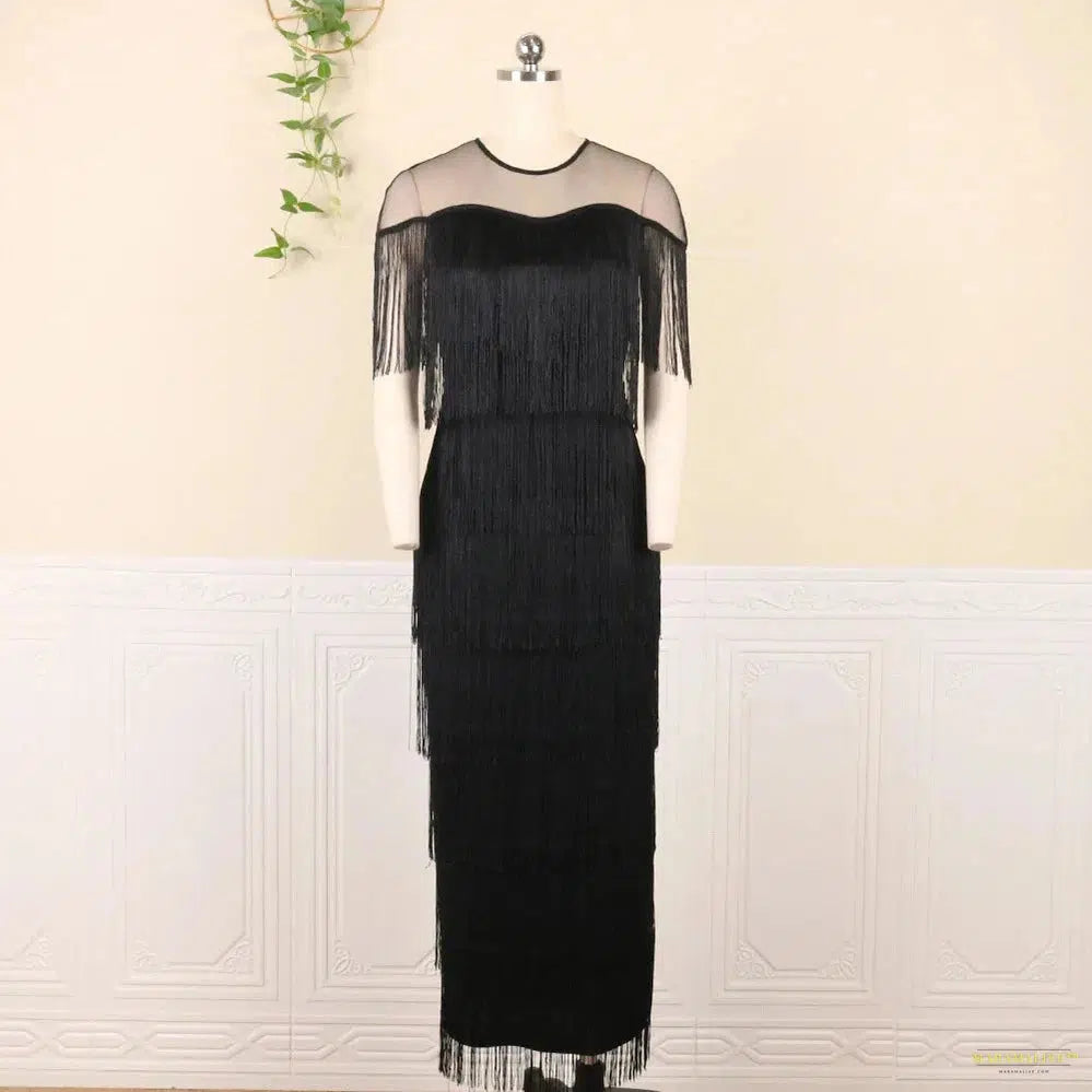 Maramalive™ Plus Size Tassel Elegant Dress Female Sheer Luxury Dinner Prom Women Midi Fringed Robe Fashion Outfit Large Size Evening Dress