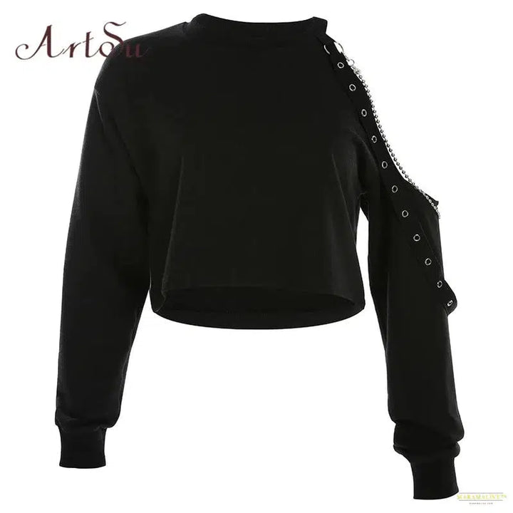 Maramalive™ Punk Chain Off Shoulder T Shirt Women Long Sleeve Sexy Sweatshirt Casual Solid Crop Top Autumn Clothes ASTS60491