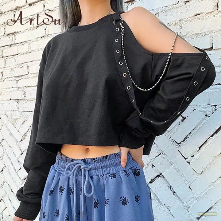 Maramalive™ Punk Chain Off Shoulder T Shirt Women Long Sleeve Sexy Sweatshirt Casual Solid Crop Top Autumn Clothes ASTS60491