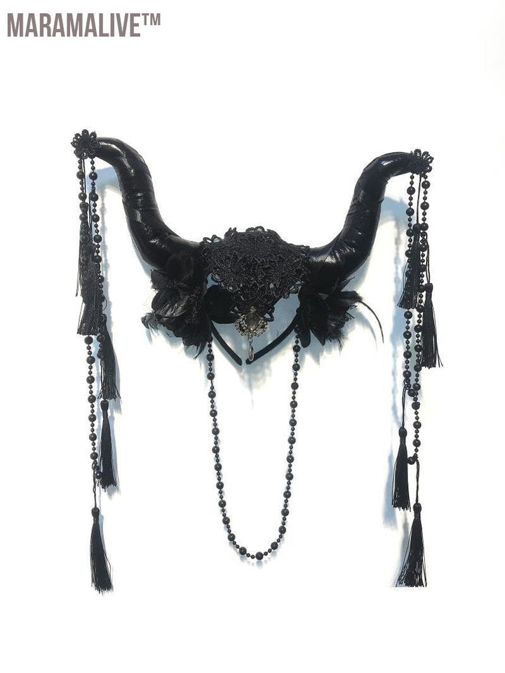 Maramalive™ Punk Cowhorn Tassels Exaggerated Headwear