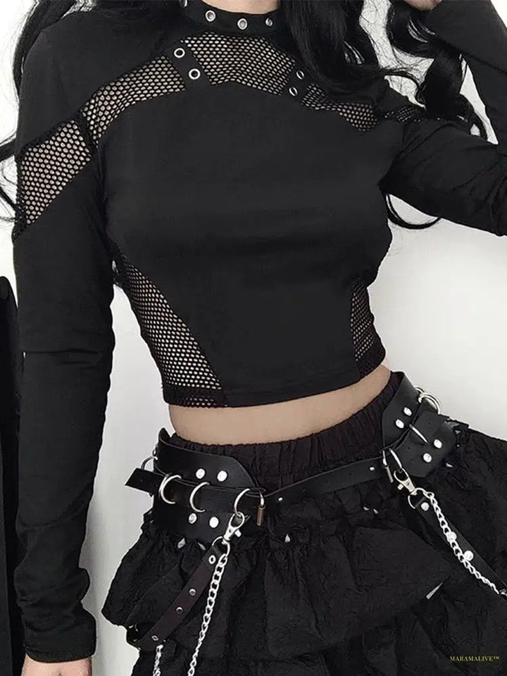 Maramalive™ Punk Cyber T-shirt Women Gothic Streetwear Mesh Patchwork Long Sleeve O-neck Crop Tee Tops Harajuku Sexy Clothes