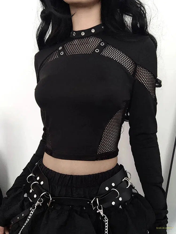 Maramalive™ Punk Cyber T-shirt Women Gothic Streetwear Mesh Patchwork Long Sleeve O-neck Crop Tee Tops Harajuku Sexy Clothes