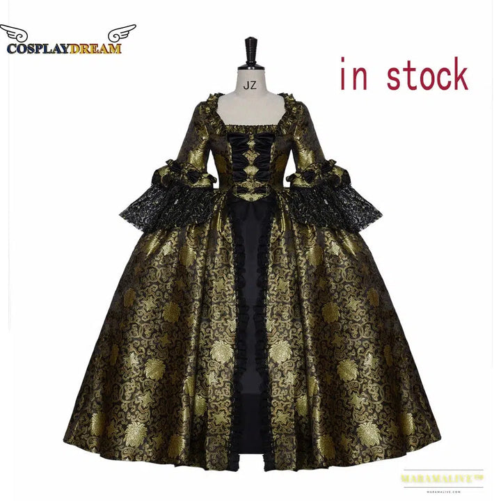 Maramalive™ Queen Charlotte Cosplay Gold & Black Dress - Rococo Marie Antoinette Ball Gown - Elizabethan Colonial Royalty Costume