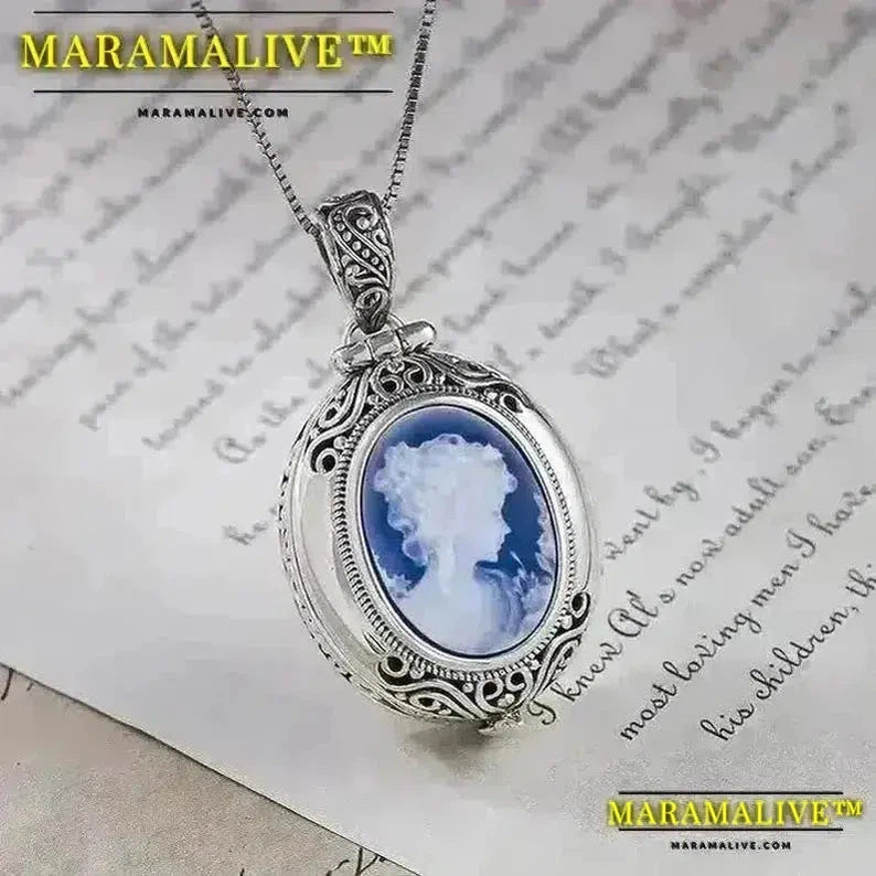 Maramalive™ Real 925 Sterling Silver Gawu Box Cameo Pendant Openable Blue Agate White Shell Necklace for Women Fashionable Jewelry