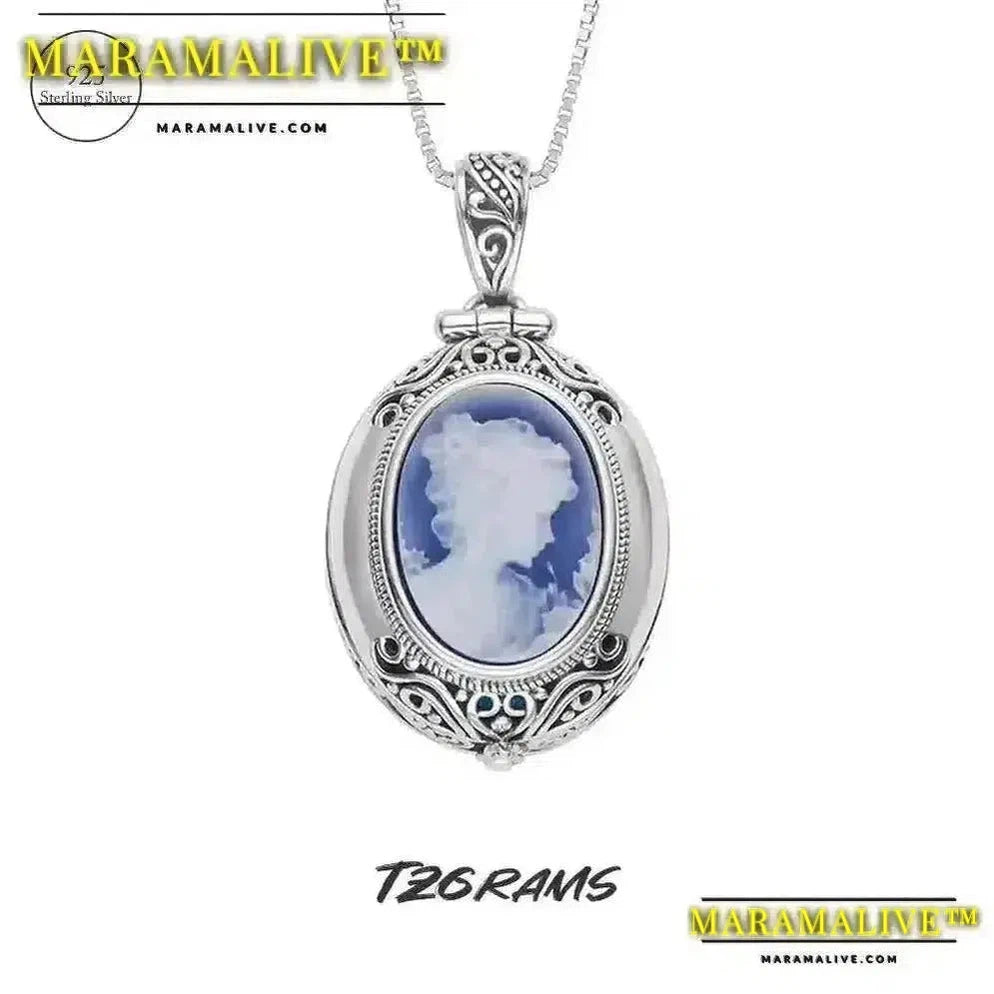 Maramalive™ Real 925 Sterling Silver Gawu Box Cameo Pendant Openable Blue Agate White Shell Necklace for Women Fashionable Jewelry