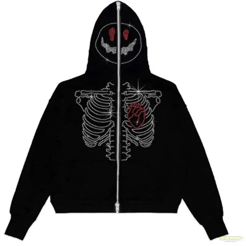 Maramalive™ Rhinestone Cobweb Zip Up Oversized Sweatshirt 2022 Autumn Goth Hoodie Men Women Grunge Hooded Jacket Streetwear Y2K Clothing