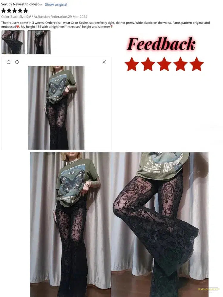 Maramalive™ See Through Mesh Pants Women Dark Gothic High Waist Lace Flare Pants Vintage Streetwear Fairy Grunge Race Trousers Femme