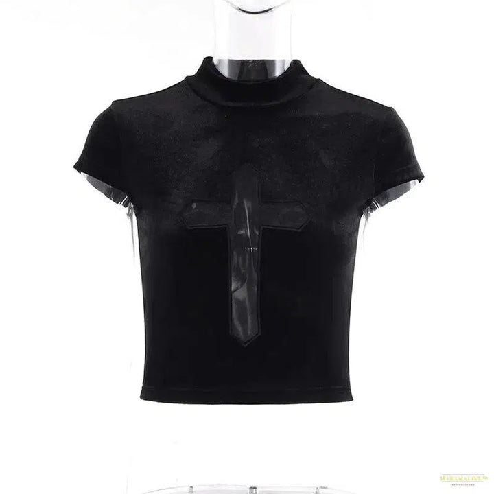 Maramalive™ Sexy Fashion Velvet Goth Dark Punk Women's Black Turtleneck T-Shirt Tops with Sheer Cross Alternative Clothes