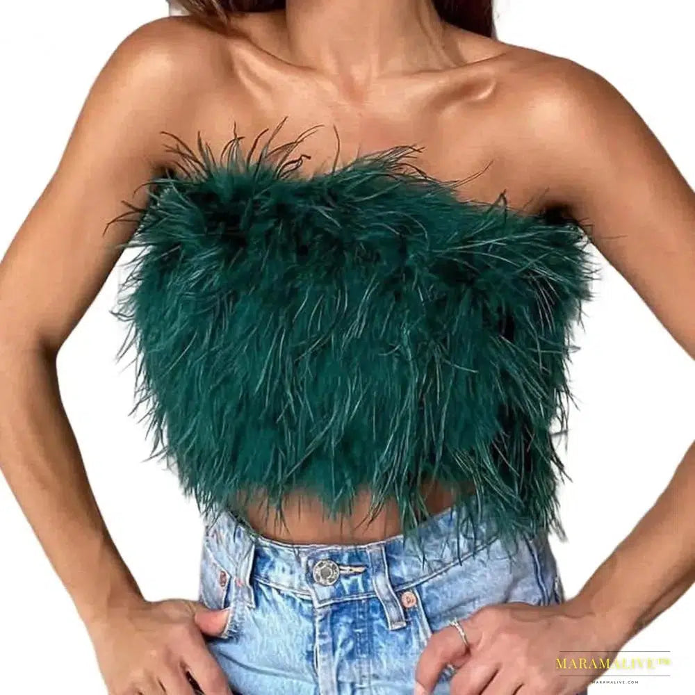 Maramalive™ Sexy Feather Crop Top Party Crop Top Sexy Fluffy Skin-touch Sleeveless Off Shoulder Lady Camisole Night Party Clothes Tank Top