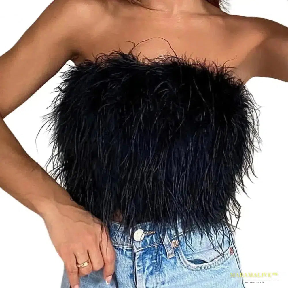 Maramalive™ Sexy Feather Crop Top Party Crop Top Sexy Fluffy Skin-touch Sleeveless Off Shoulder Lady Camisole Night Party Clothes Tank Top