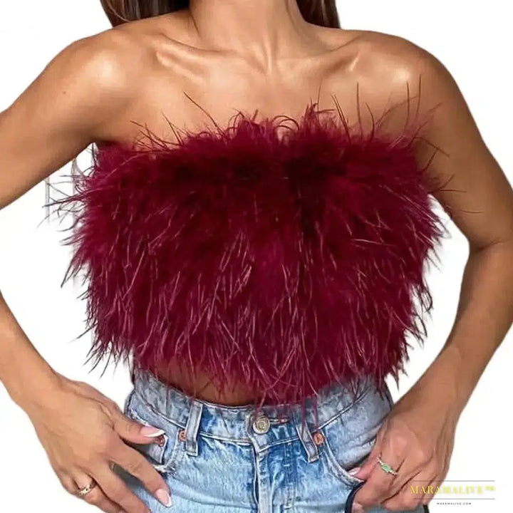 Maramalive™ Sexy Feather Crop Top Party Crop Top Sexy Fluffy Skin-touch Sleeveless Off Shoulder Lady Camisole Night Party Clothes Tank Top