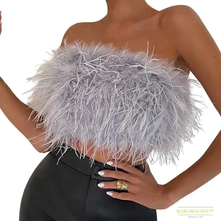 Maramalive™ Sexy Feather Strapless Tank Tops Women Summer Party Club Sleeveless Fluffy Fashion Tops Female