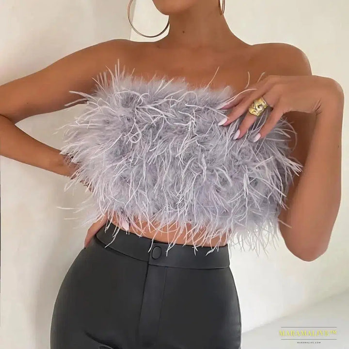 Maramalive™ Sexy Feather Strapless Tank Tops Women Summer Party Club Sleeveless Fluffy Fashion Tops Female