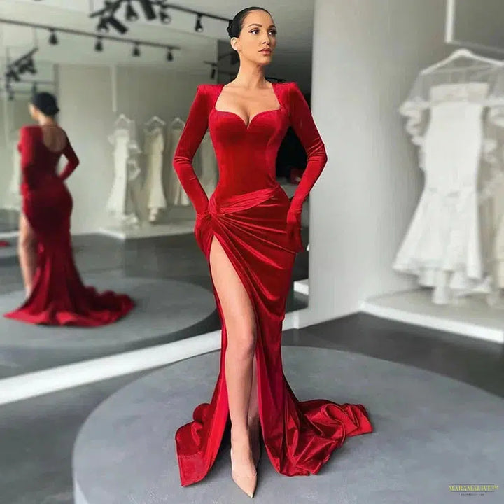 Maramalive™ Sexy V Neck Long Sleeve High Split Long Maxi Dress Night Club Prom Wedding Party Dresses Women Evening Elegant Red Velvet Dress