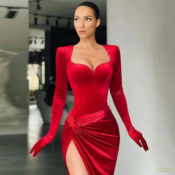 Maramalive™ Sexy V Neck Long Sleeve High Split Long Maxi Dress Night Club Prom Wedding Party Dresses Women Evening Elegant Red Velvet Dress