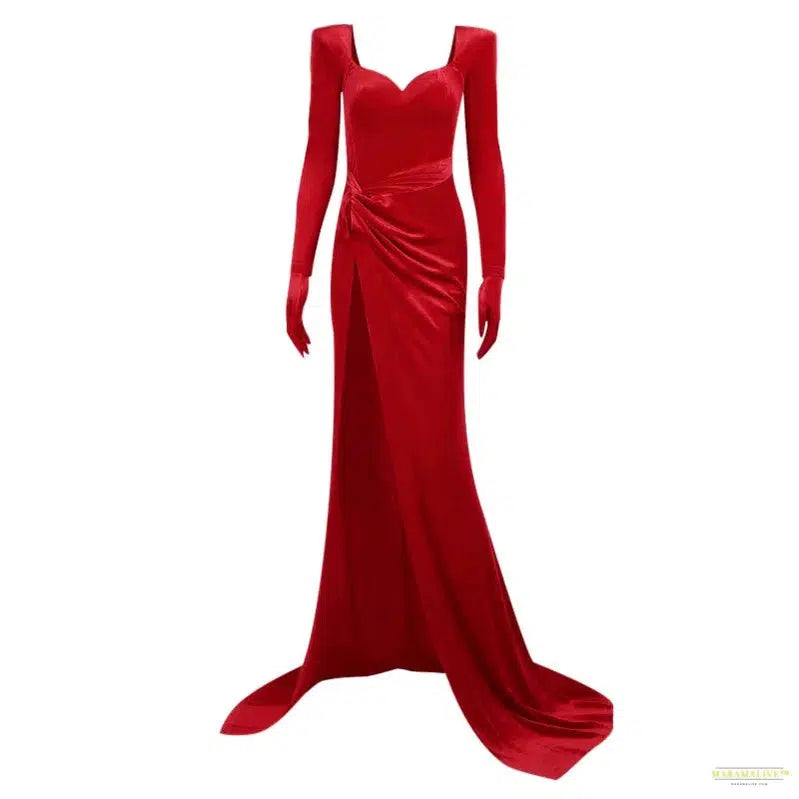 Maramalive™ Sexy V Neck Long Sleeve High Split Long Maxi Dress Night Club Prom Wedding Party Dresses Women Evening Elegant Red Velvet Dress