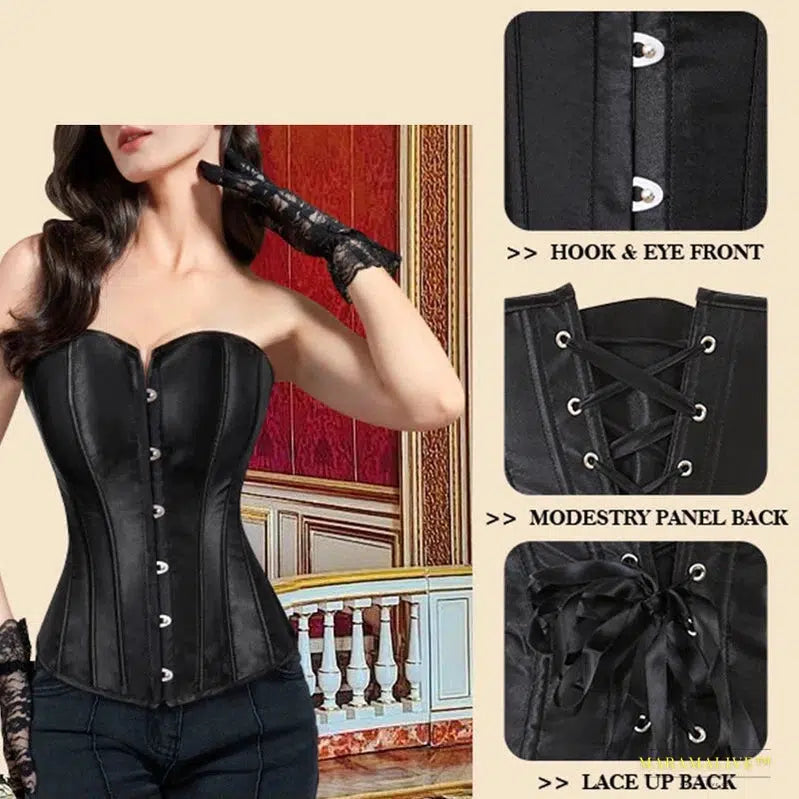 Maramalive™ Stunning Black Satin & Lace-up Overbust Gothic Fashion Corset Bustier Top - Luxury Body Shapewear Lingerie Sets and Waist Cincher