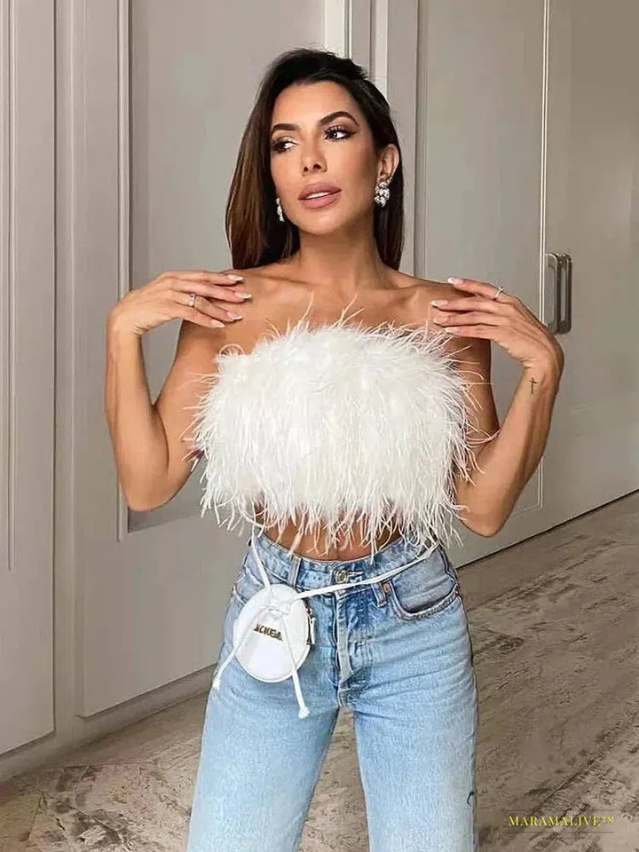 Maramalive™ Summer Feather Crop Top – Sleeveless, Backless Streetwear Camis, Unique Off-Shoulder Chic Tank Top