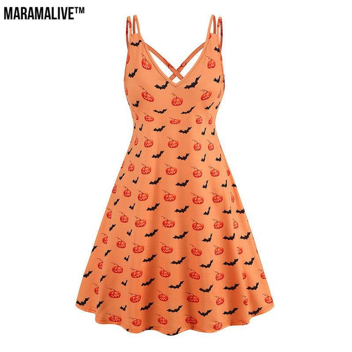 Maramalive™ V-neck Strap Halloween Printed Pumpkin Flowers Bat Gothic Dress