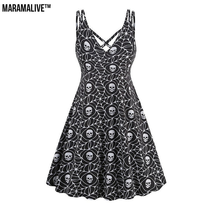 Maramalive™ V-neck Strap Halloween Printed Pumpkin Flowers Bat Gothic Dress