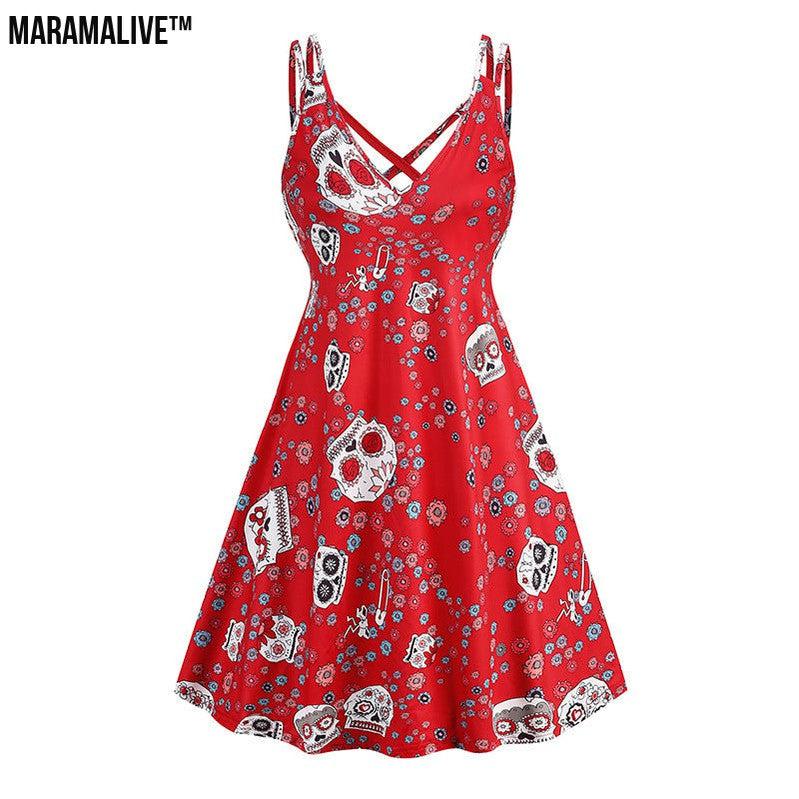 Maramalive™ V-neck Strap Halloween Printed Pumpkin Flowers Bat Gothic Dress