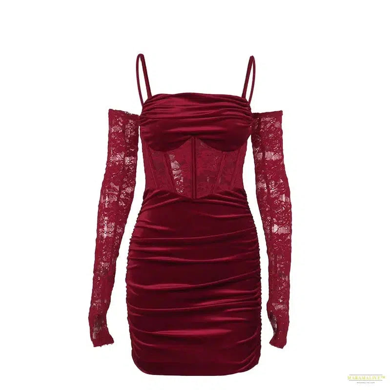 Maramalive™ Velvet Y2k Ruched Elegant Corset Dresses Gothic Lace Patches Sheer Sling Party Dress Red Black Ladies Backless Clothes