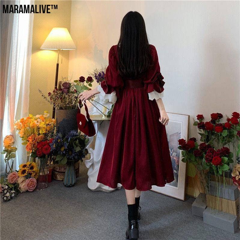 Maramalive™ Velveteen Gothic Red-Rose Dress: Vintage Wine-Red Frock