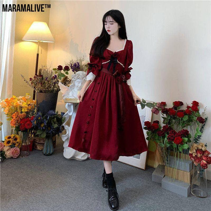 Maramalive™ Velveteen Gothic Red-Rose Dress: Vintage Wine-Red Frock