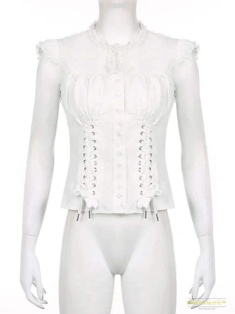 Maramalive™ Victorian Gothic White Lace Frills Blouses - Aesthetic Cross Bandage Buttons Shirts, Cotton Casual Sweet Tops