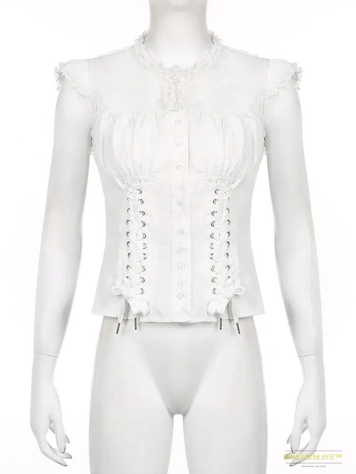 Maramalive™ Victorian Gothic White Lace Frills Blouses - Aesthetic Cross Bandage Buttons Shirts, Cotton Casual Sweet Tops