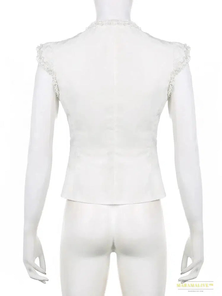 Maramalive™ Victorian Gothic White Lace Frills Blouses - Aesthetic Cross Bandage Buttons Shirts, Cotton Casual Sweet Tops