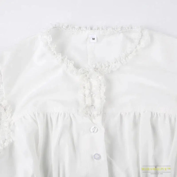 Maramalive™ Victorian Gothic White Lace Frills Blouses - Aesthetic Cross Bandage Buttons Shirts, Cotton Casual Sweet Tops