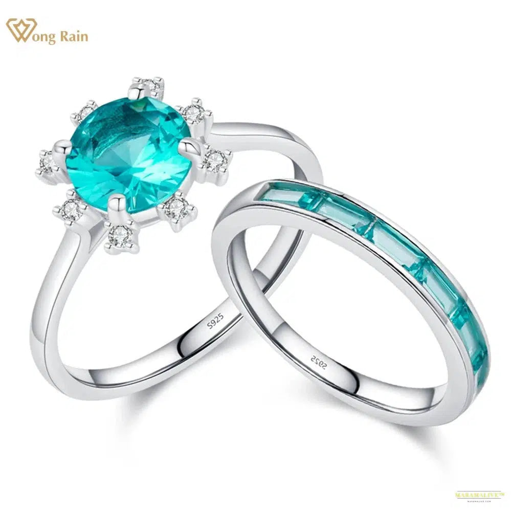 Maramalive™ Vintage 100% 925 Sterling Silver 7 MM Round Cut Paraiba Tourmaline Gemstone Wedding Party Fine Jewelry Women Ring Set