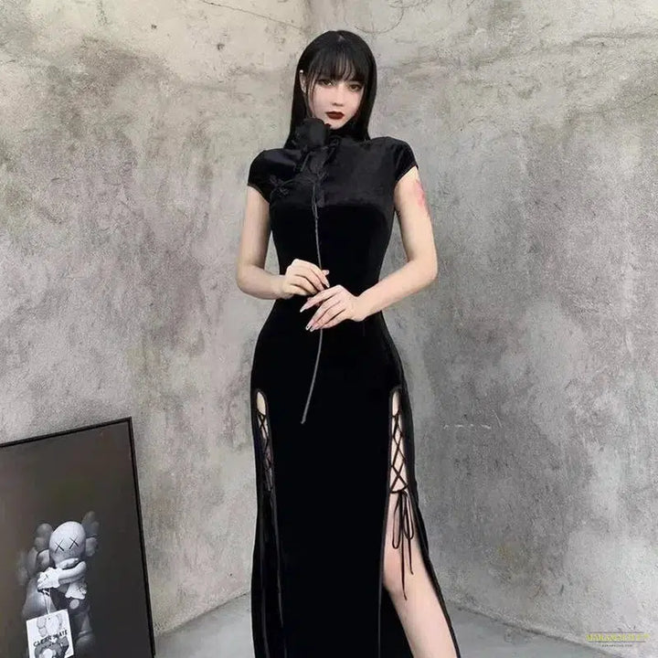 Maramalive™ Vintage Black Gothic Bandage Dress Sexy High Split Velvet Dress Spring Retro Long Qipao Women Aesthetic Dresses