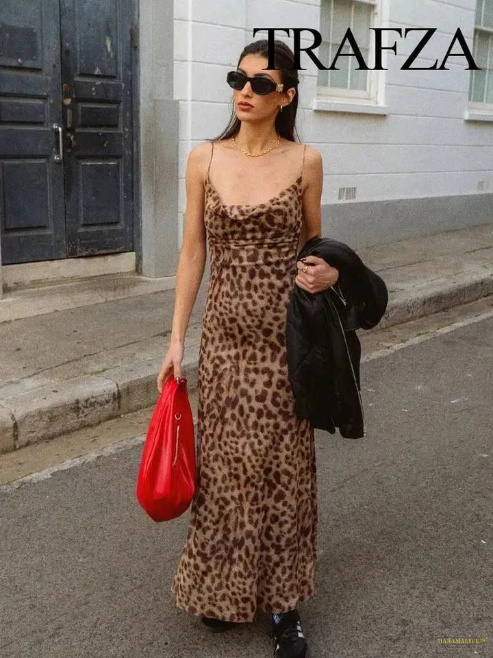 Maramalive™ Women Fashion Leopard Print Sleeveless Backless Suspender Dress Summer Female Vintage Slim Casual Beach Party Long Dress