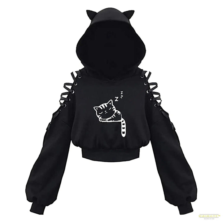 Maramalive™ Women Hoodies Gothic Punk Iron Ring Sweatshirts Autumn Winter Long Sleeve Zip-up Black Jacket Zipper Ladies Coat