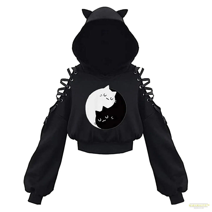 Maramalive™ Women Hoodies Gothic Punk Iron Ring Sweatshirts Autumn Winter Long Sleeve Zip-up Black Jacket Zipper Ladies Coat