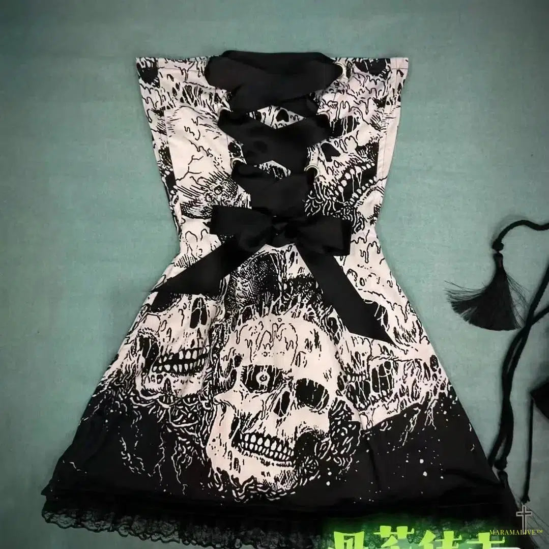 Maramalive™ Women Punk Skull Print Grunge Hottie Tube Dresses Goth Harajuku Backless Bow Femme Dress Corset Y2k Clothes 2000s Women's Skirt