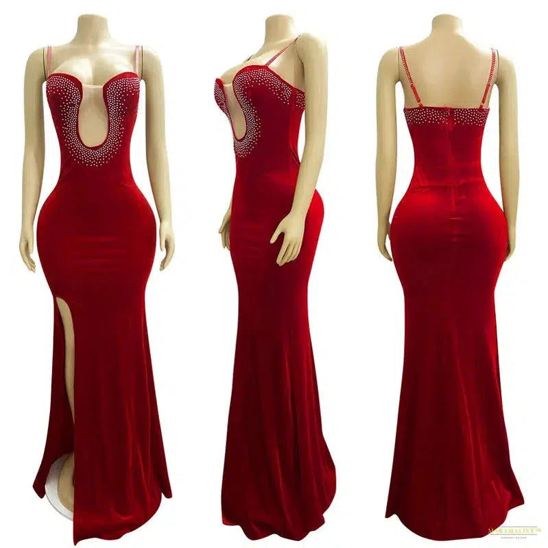 Maramalive™ Women Sexy Solid Color Velvet Spaghetti Strap Rhinestone Design Big Swing Floor-length Party Dress