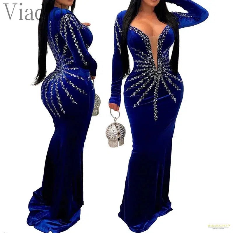 Maramalive™ Women Sexy Velvet Mesh Rhinestone V-Neck Floor-Length Evening Party Dress Long Sleeve Back Zipper Mermaid Dresses