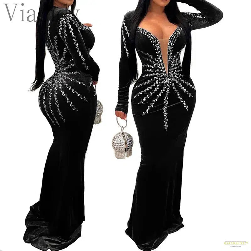 Maramalive™ Women Sexy Velvet Mesh Rhinestone V-Neck Floor-Length Evening Party Dress Long Sleeve Back Zipper Mermaid Dresses