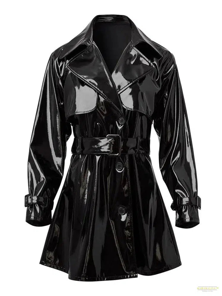 Maramalive™ Women Shiny Faux Leather Jacket Overcoat Ladies Solid Color Glossy PU Waterproof Trench Coat With Belt Sexy Gothic Casual Custom