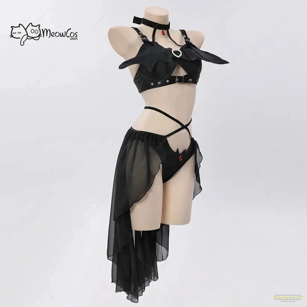 Maramalive™ Women Swimwear Black Gothic Bat Style Cosplay Swimsuit Black Bat Wing Top and Sheer Bottom