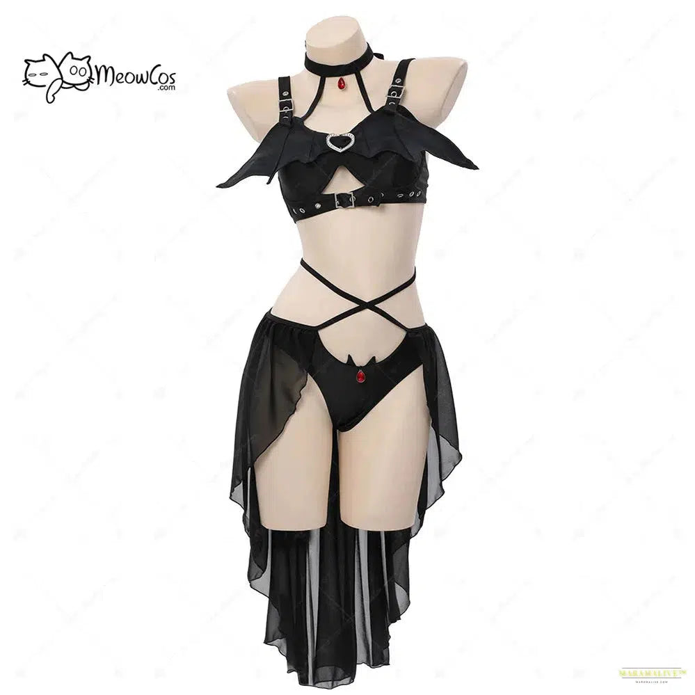 Maramalive™ Women Swimwear Black Gothic Bat Style Cosplay Swimsuit Black Bat Wing Top and Sheer Bottom