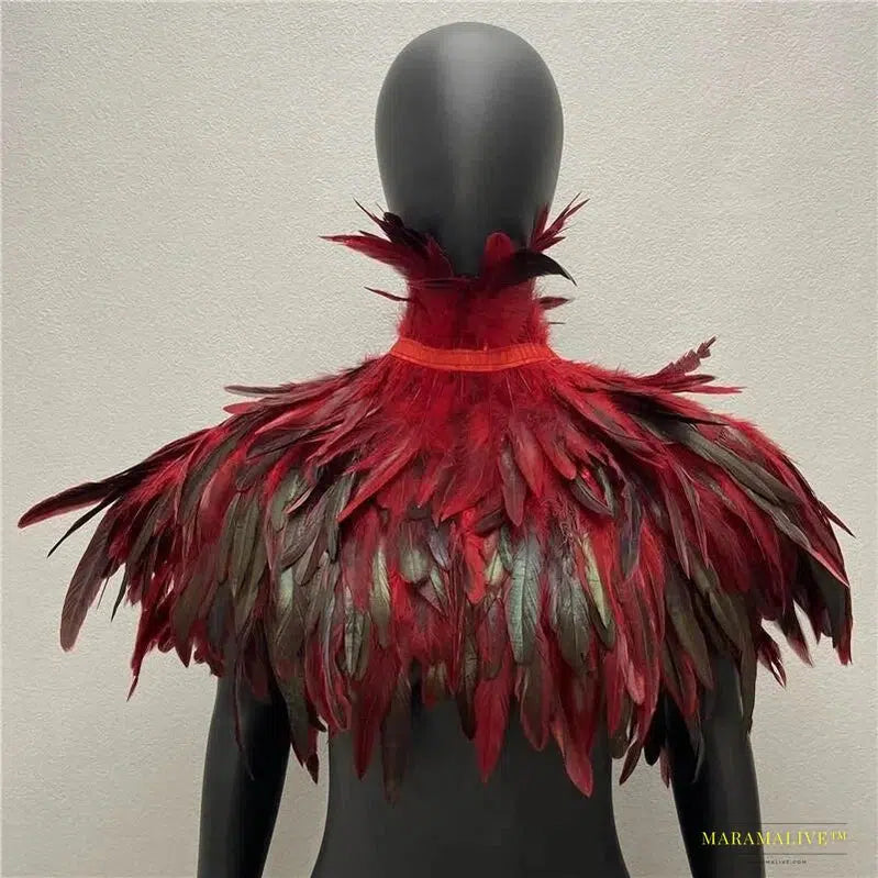 Maramalive™ Women's Feathered Gothic Punk Shoulder Cape – Unusual Handmade Party Dress Coat for Halloween & Clubbing