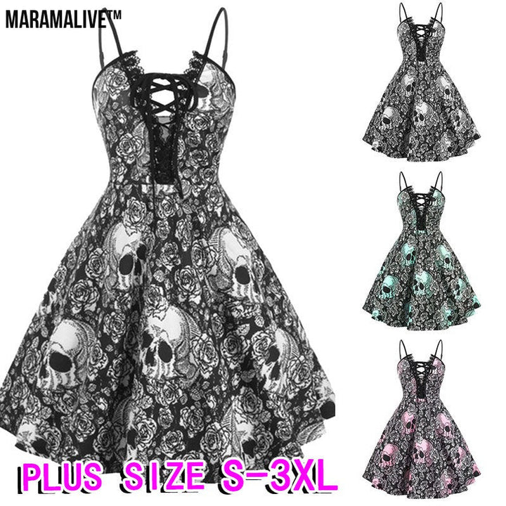 Maramalive™ Women's Halloween Skull Print Sling Straps Waist And Large Retro Dress